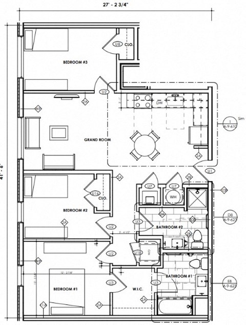 Floor plan for 3 beds, 2 baths, 1075 sqft
